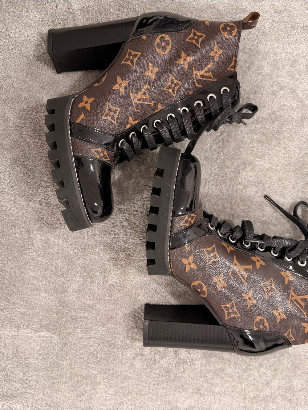 Louis Vuitton Brown Monogram Lace-Up Patent Trim Block Heel Boots